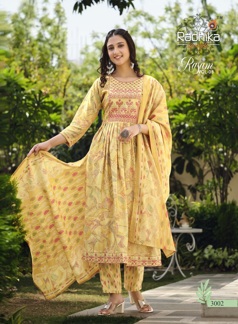 Radhika Life Style Rasam Vol 3 Muslin Print Embroidery Work Lace Fancy Designer Printed Wear Kurti