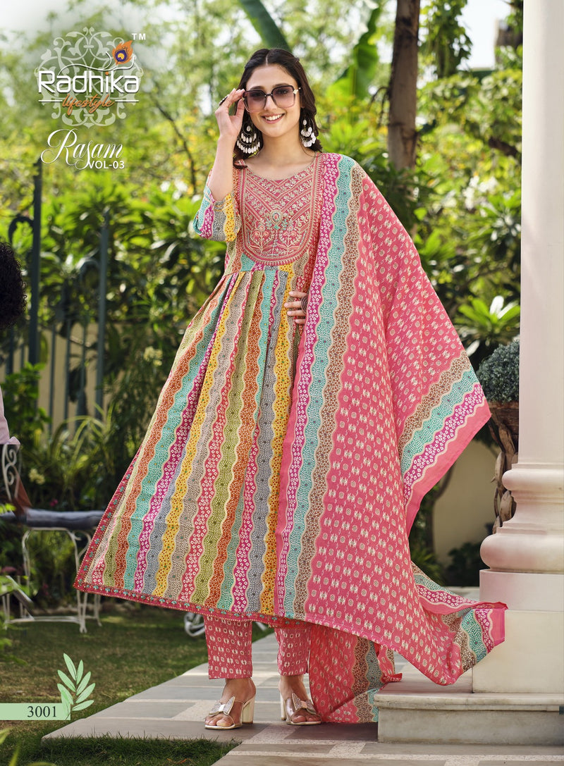 Radhika Life Style Rasam Vol 3 Muslin Print Embroidery Work Lace Fancy Designer Printed Wear Kurti