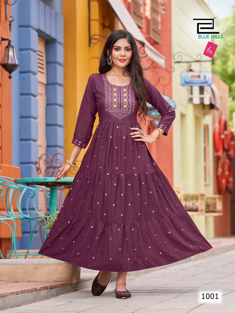 Blue Hills Rasberry Rayon With Printed Work Stylish Designer Attractive Look Fancy Long Gown