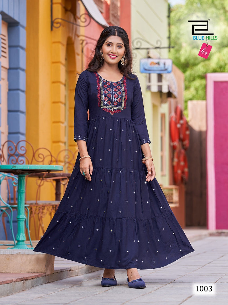 Blue Hills Rasberry Rayon With Printed Work Stylish Designer Attractive Look Fancy Long Gown
