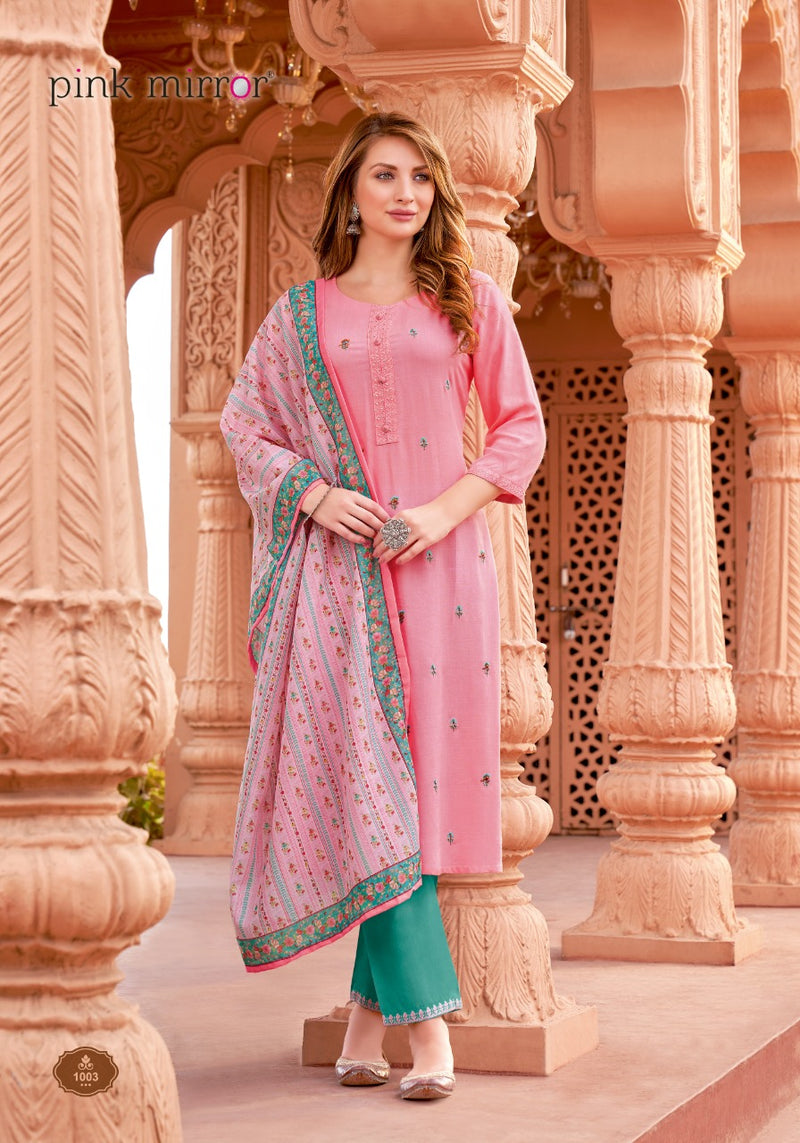 Pink Mirror Refresh Rayon Designer Party Wear Kurtis With Bottom & Dupatta