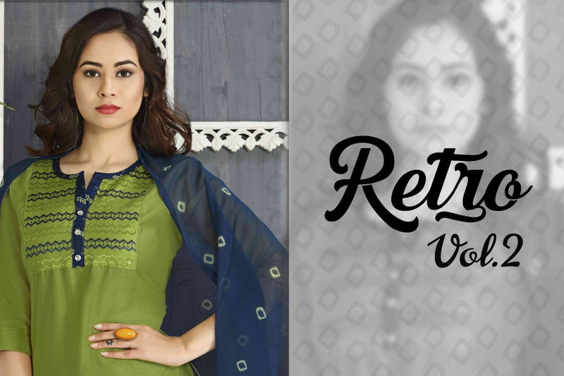 Riyaa Retro Vol 2 Rayon Embroidered Festive Wear Patiyala Style Kurtis With Bottom & Dupatta