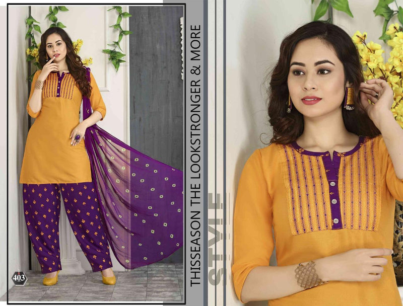 Riyaa Retro Vol 2 Rayon Embroidered Festive Wear Patiyala Style Kurtis With Bottom & Dupatta