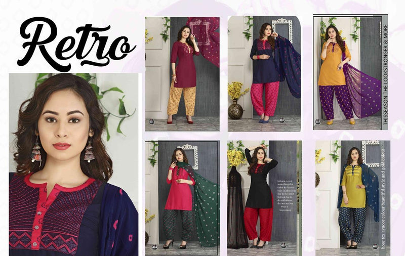 Riyaa Retro Vol 2 Rayon Embroidered Festive Wear Patiyala Style Kurtis With Bottom & Dupatta