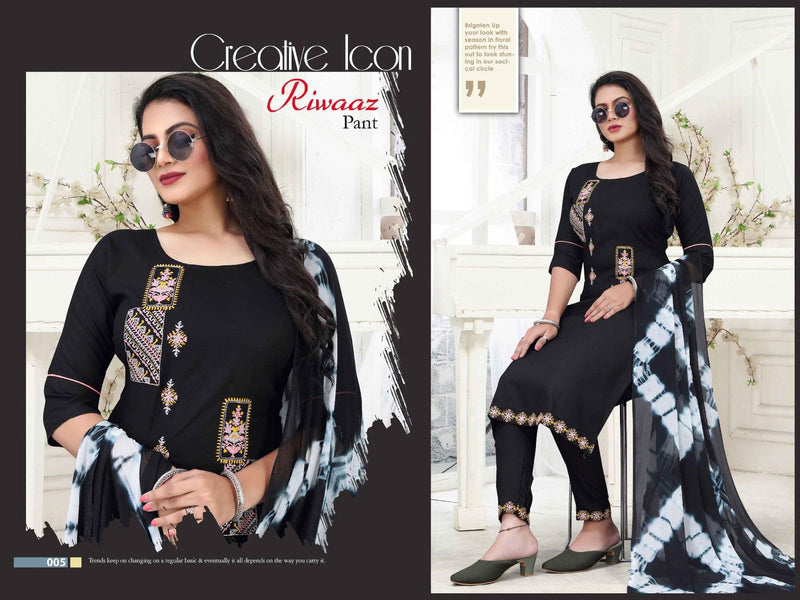 Beauty Queen Riwaaz Pant Rayon  Embroidered Festive Wear Kurtis With Bottom & Dupatta