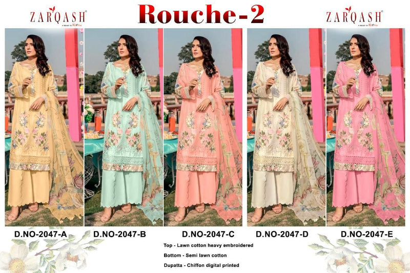 Zarqash Rouche 2 Lawn Cotton Pakistani Style Festive  Wear Salwar Kameez With Heavy Embroidery