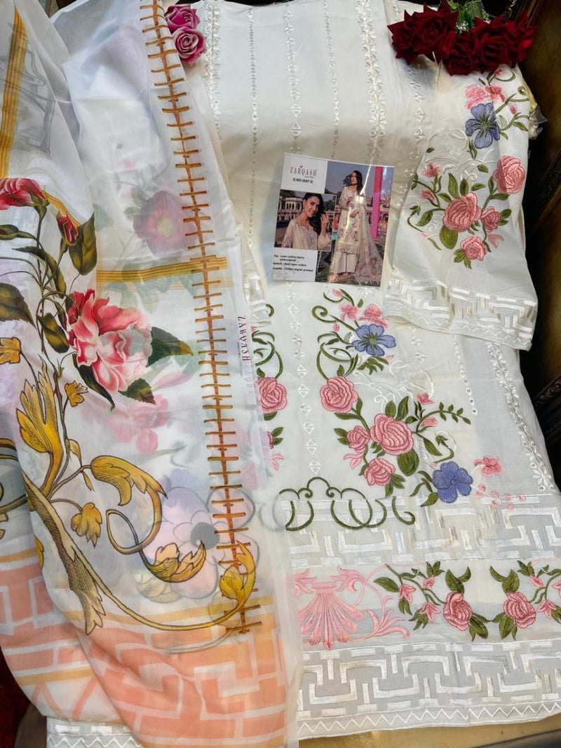 Zarqash Rouche 2 Lawn Cotton Pakistani Style Festive  Wear Salwar Kameez With Heavy Embroidery