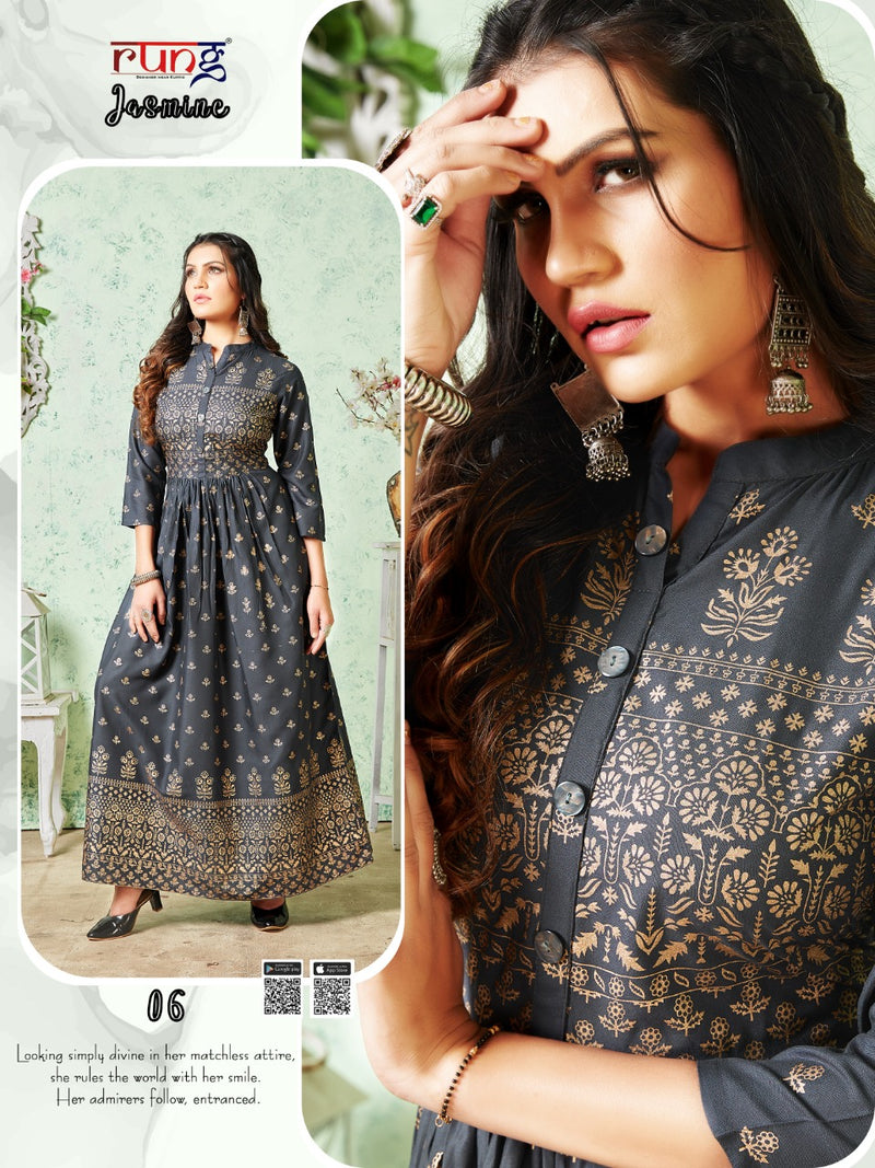 Rung Jasmine Rayon With Gold Foil Print Fancy Gown Style Party Wear Kurtis
