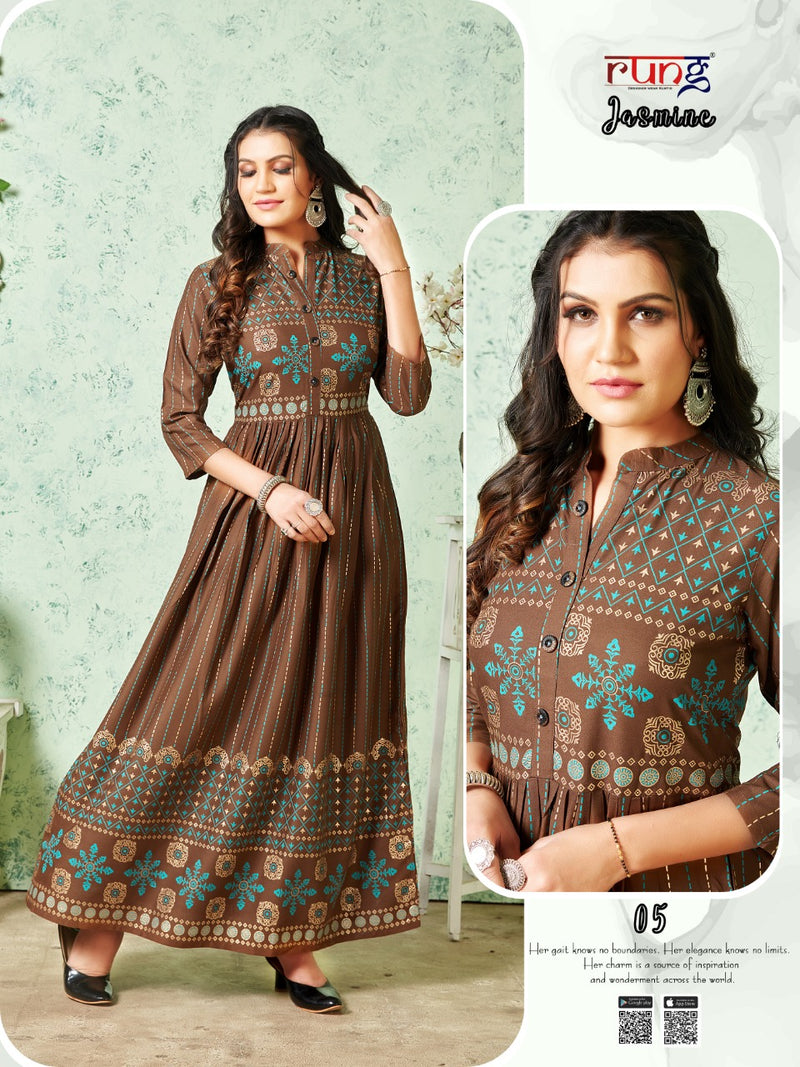 Rung Jasmine Rayon With Gold Foil Print Fancy Gown Style Party Wear Kurtis