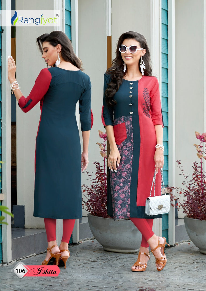 Rangjyot Ishita Vol 1 Rayon Printed Exclusive Fancy Casual Wear Readymade Kurtis