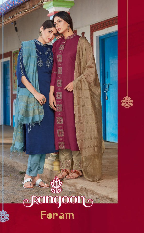 Rangoon Presents Foram Chinon Embroidery Work Kurti With Pant Collection