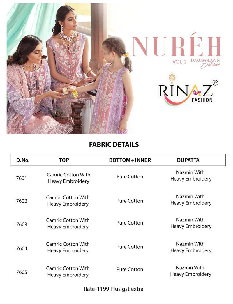 Rinaz Fashion Nureh Vol 2 Pure Cambric Cotton With Exclusvie Embroidery Work Party Wear Designer Pakistani Salwar Kameez
