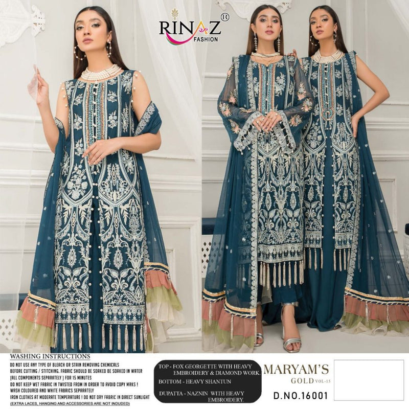 Rinaz Fashion Presents By Mariyam Gold Vol 15 Fox Georgette With Heavy Embroidery And Diamond Work Salwar Kameez