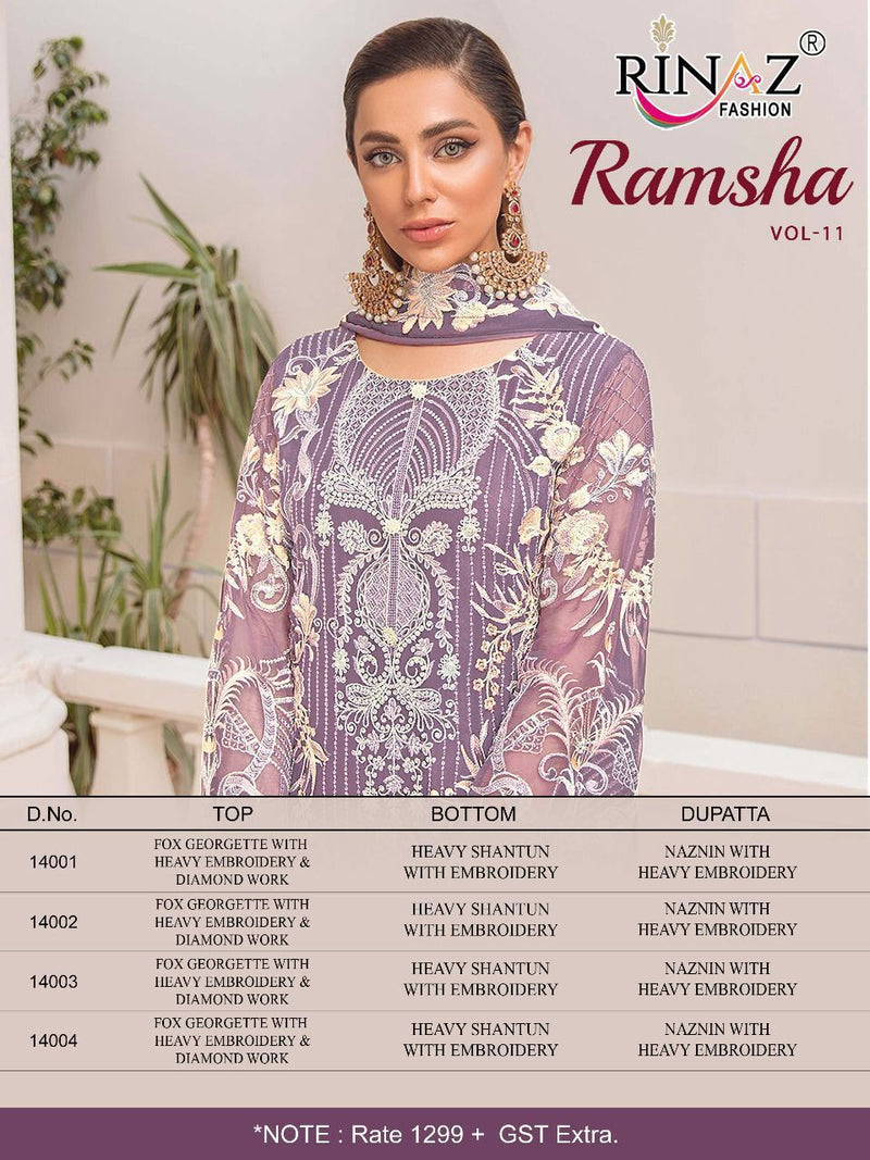Rinaz Fashion Ramsha Vol 11 Fox Georgette Embroidery Diamond Work Salwar Kameez