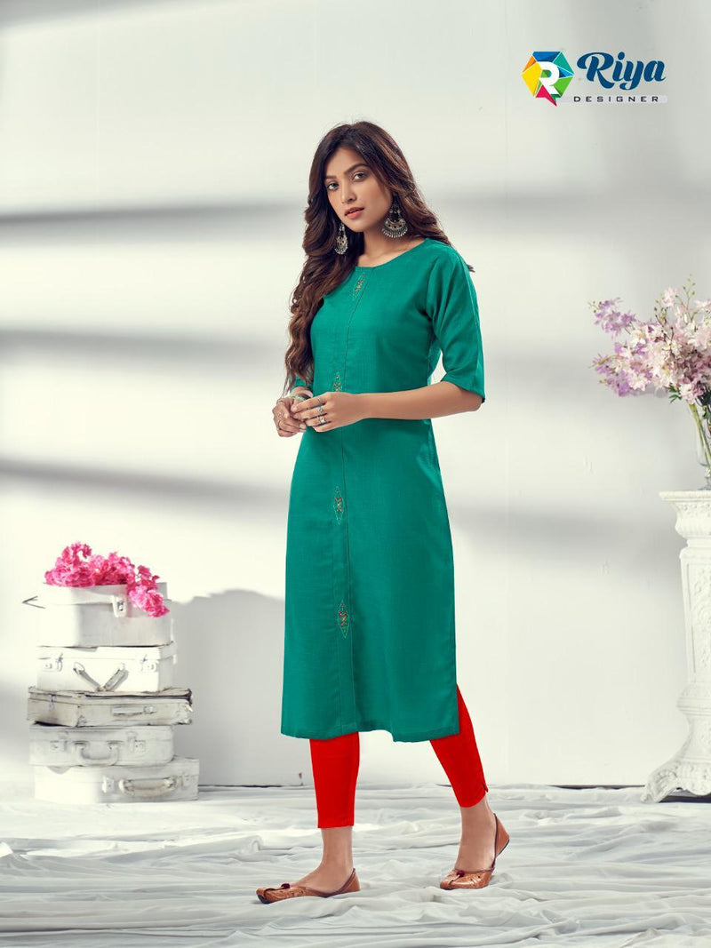 Riya Designer Arena Vol 2 Cotton Slub Embroidery Work Exclusive Causla Wear Long Straight Kurtis