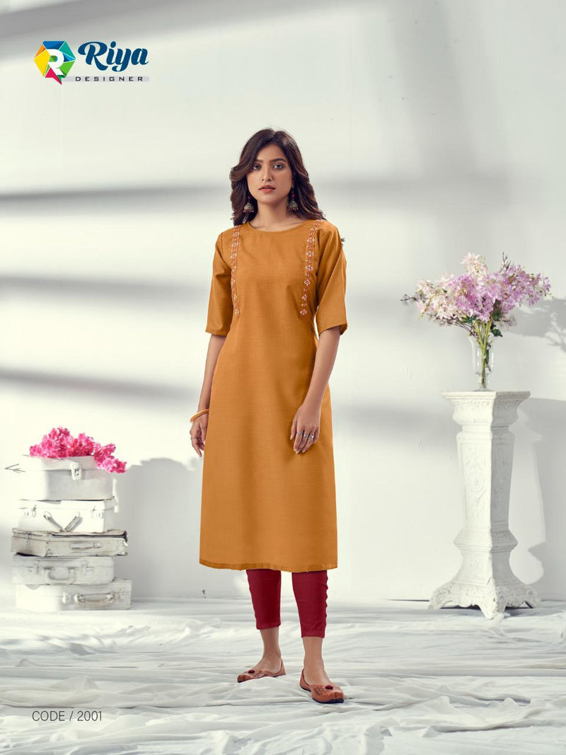 Riya Designer Arena Vol 2 Cotton Slub Embroidery Work Exclusive Causla Wear Long Straight Kurtis