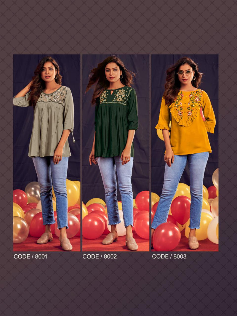 Riya Designer Compass Vol 8 Rayon Dyed With Heavy Embroidery Work Readymade Short Tops