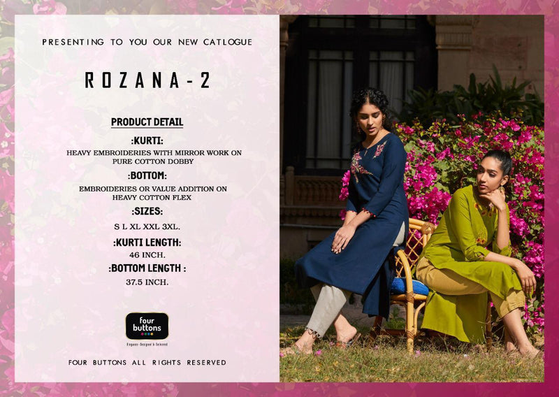 Four Buttons Rozana Vol 2 Cotton Dobby Embroidery Work Kurti Collection