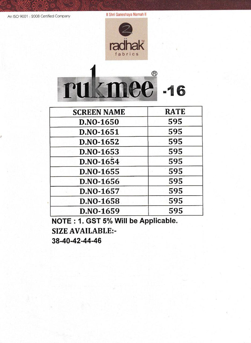 Radhak Fashion Rukmee Vol 16 Printed Designer Kurti In Maslin