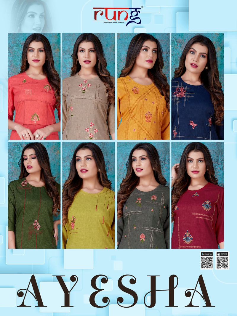 Rung Launch Ayesha Rayon With Fancy Embroidery Work Regular Wear Exclusive Readymade Kurits