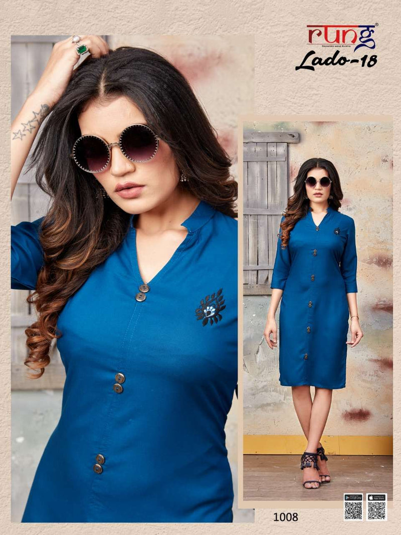 Rung Launch By Lado Vol 18 Rayon Fancy Stragiht Long Readymade Exclusive Casual Wear Kurtis