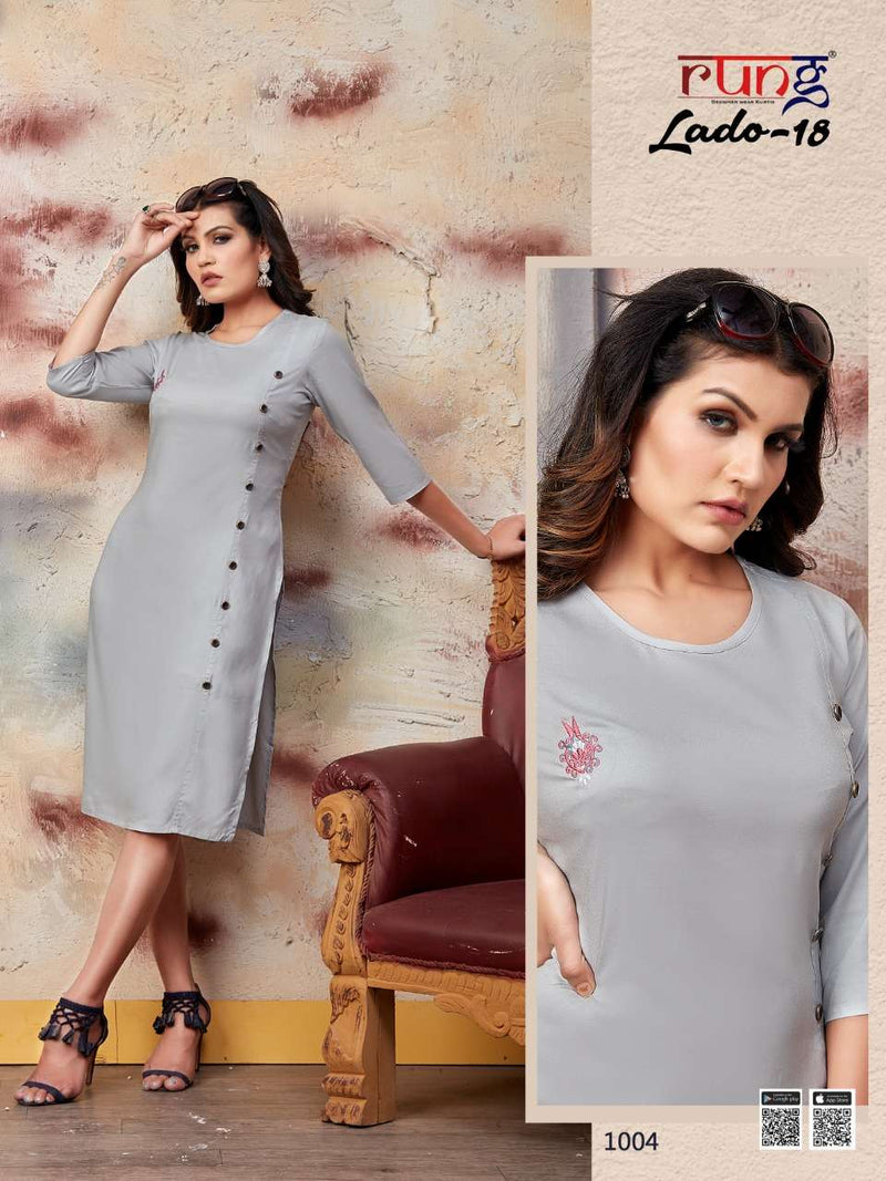 Rung Launch By Lado Vol 18 Rayon Fancy Stragiht Long Readymade Exclusive Casual Wear Kurtis