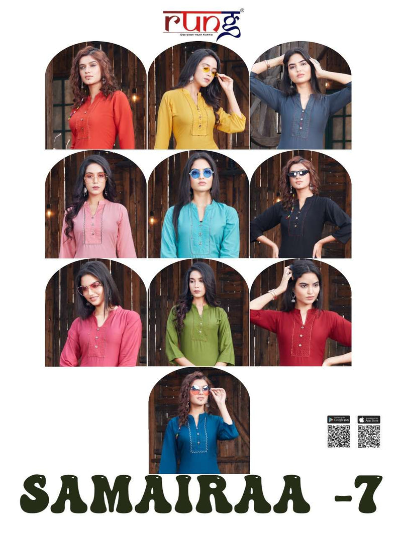 Rung Launch By Samairaa Vol 7 Rayon With Embroidery Work Designer Long Straight Casual Wear Kurtis