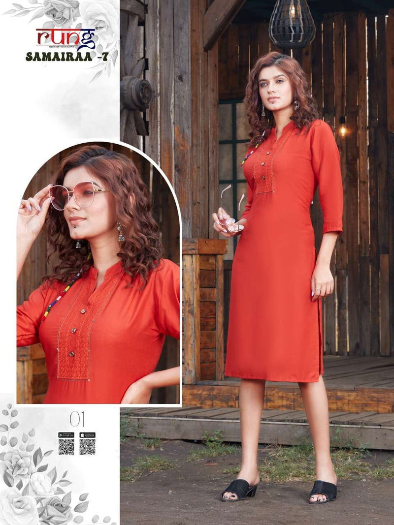 Rung Launch By Samairaa Vol 7 Rayon With Embroidery Work Designer Long Straight Casual Wear Kurtis