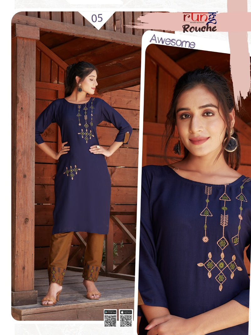 Rung Rouch Heavy Rayon Slub With Embroidery Work Fancy Long Straight Readymade Casual Wear Kurits