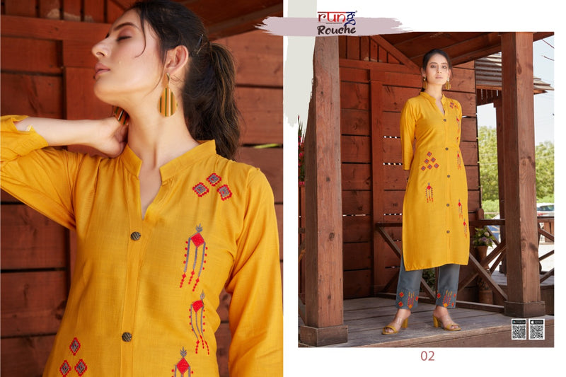 Rung Rouch Heavy Rayon Slub With Embroidery Work Fancy Long Straight Readymade Casual Wear Kurits