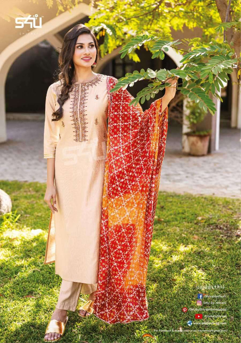 S4u By Sunshine Silk With Embroidery Work Designer Salwar Suits With Dupatta Single Collection