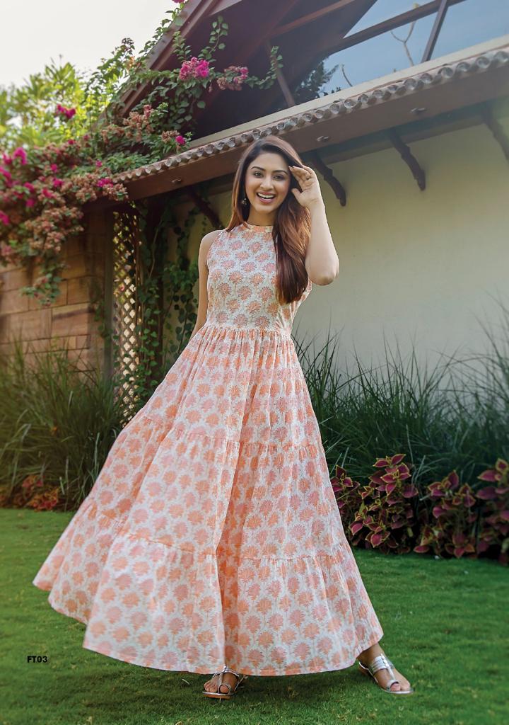 S4u Shivali Launch By Flairy Tales Cotton Exclusive Printed Long Gown Type Designer Kurtis