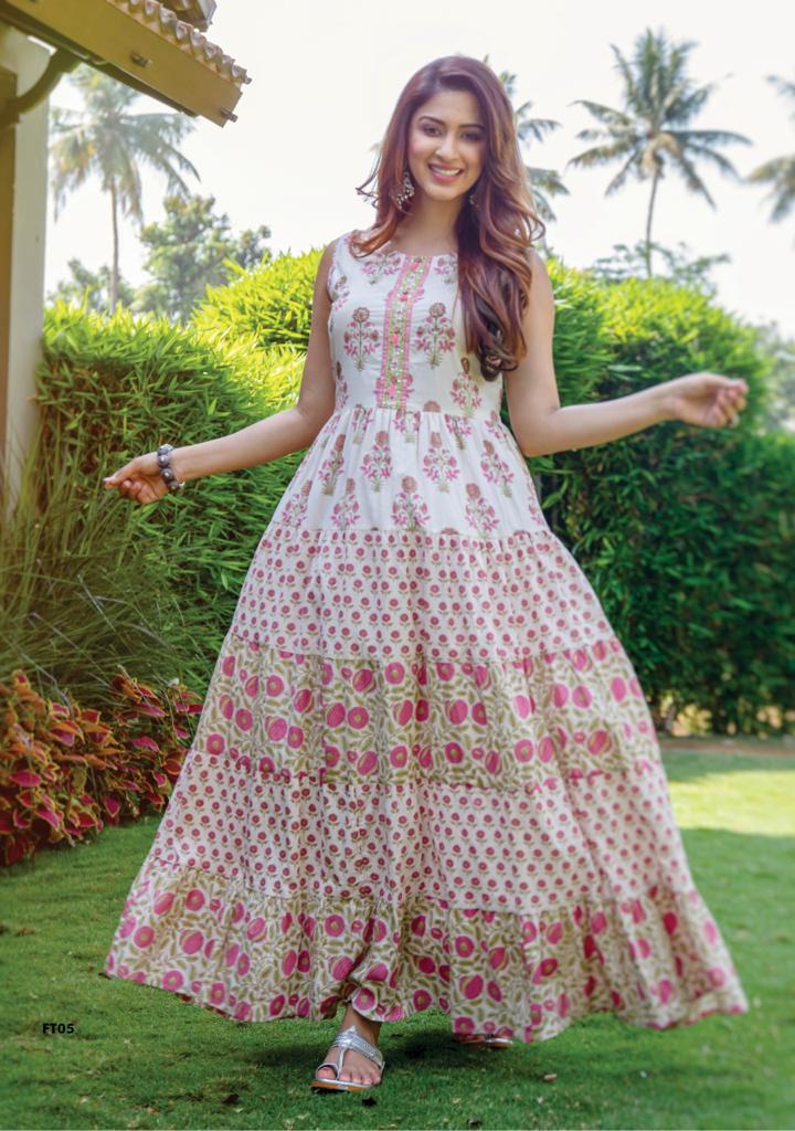S4u Shivali Launch By Flairy Tales Cotton Exclusive Printed Long Gown Type Designer Kurtis