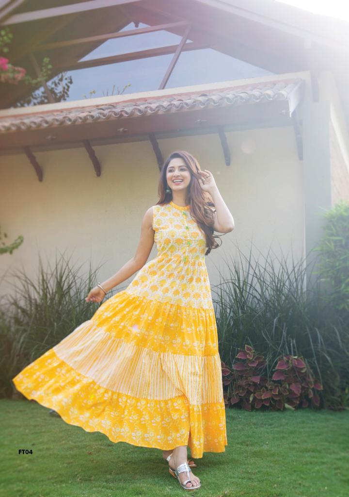 S4u Shivali Launch By Flairy Tales Cotton Exclusive Printed Long Gown Type Designer Kurtis