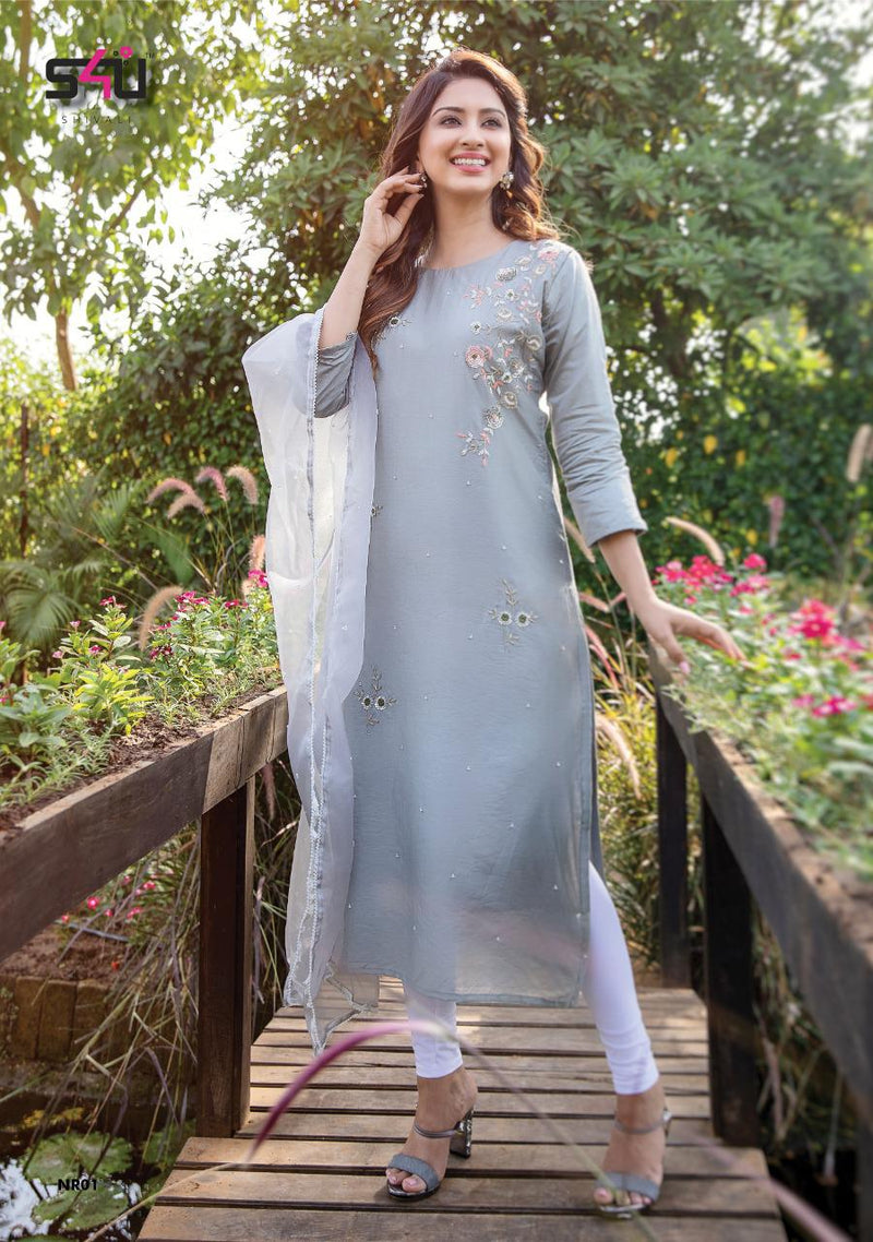 S4u Shivali Noor Muslin Gorgeouse Look Designer Straight Long Kurtis With Fancy Dupatta