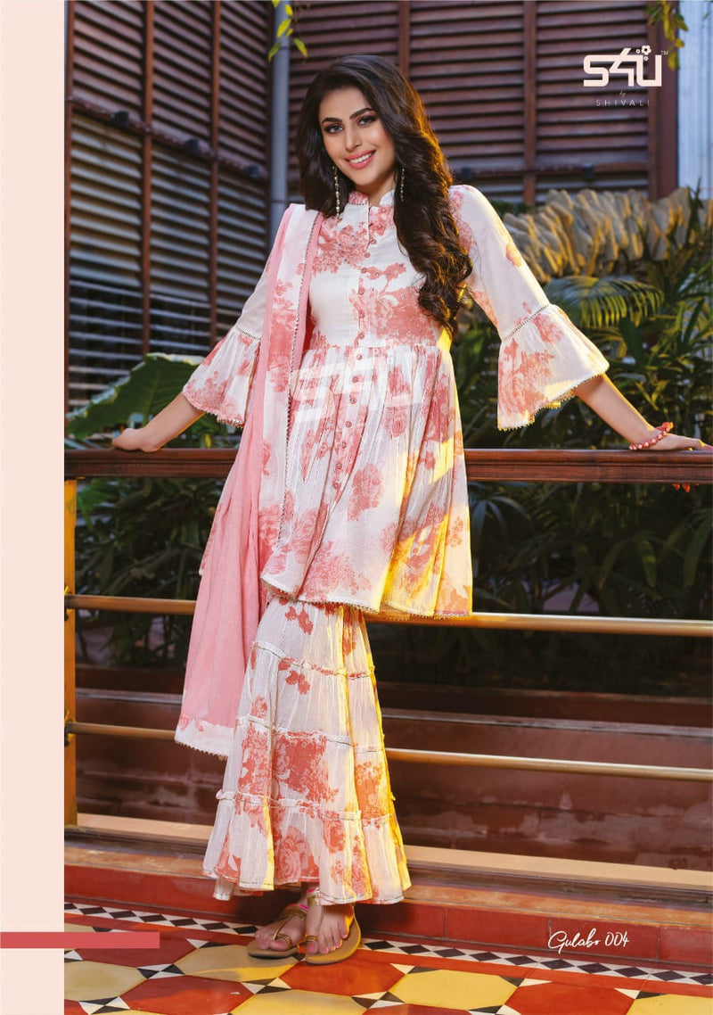 S4u Shivali Presents By Gulabo Rayon Cotton With Exclusive Fancy Work Frill Type Kurti With Sharara
