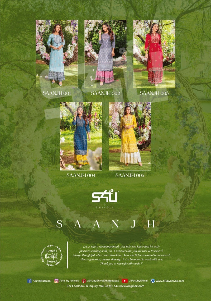 S4u Shivali Saanjh Stylish Partywear Readymade Kurti With Plazzo Wear