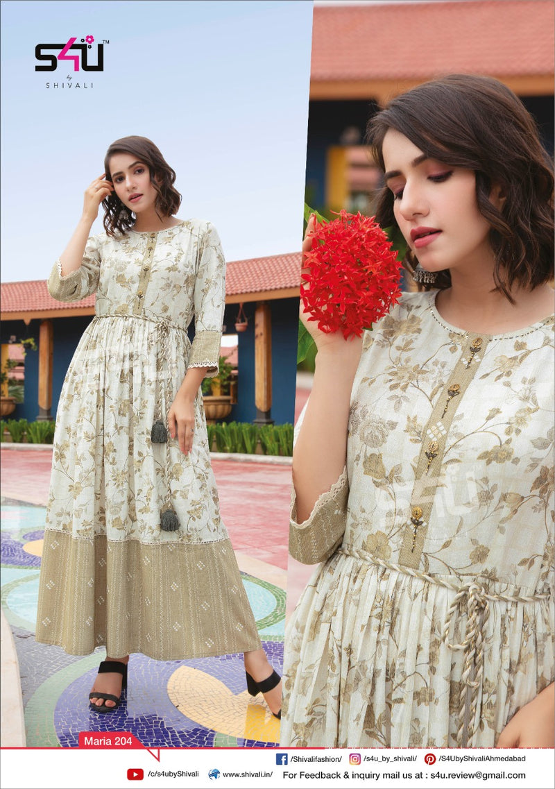 S4u Sivali Launch Mariya Vol 2 Rayon With Beautiful Printed Long Gown Style Readymade Casual Wear Kurtis