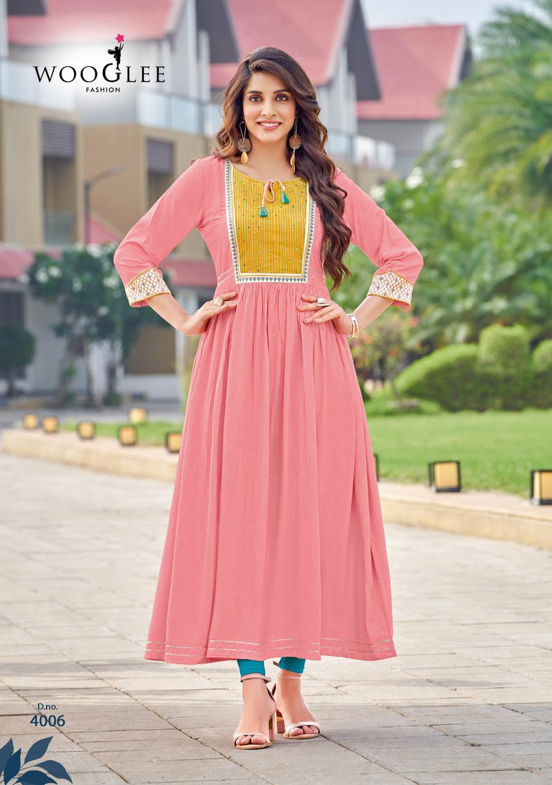 Wooglee Saanvi Rayon With Beautiful Fancy Work Stylish Designer Festive Wear Fancy Long Kurti