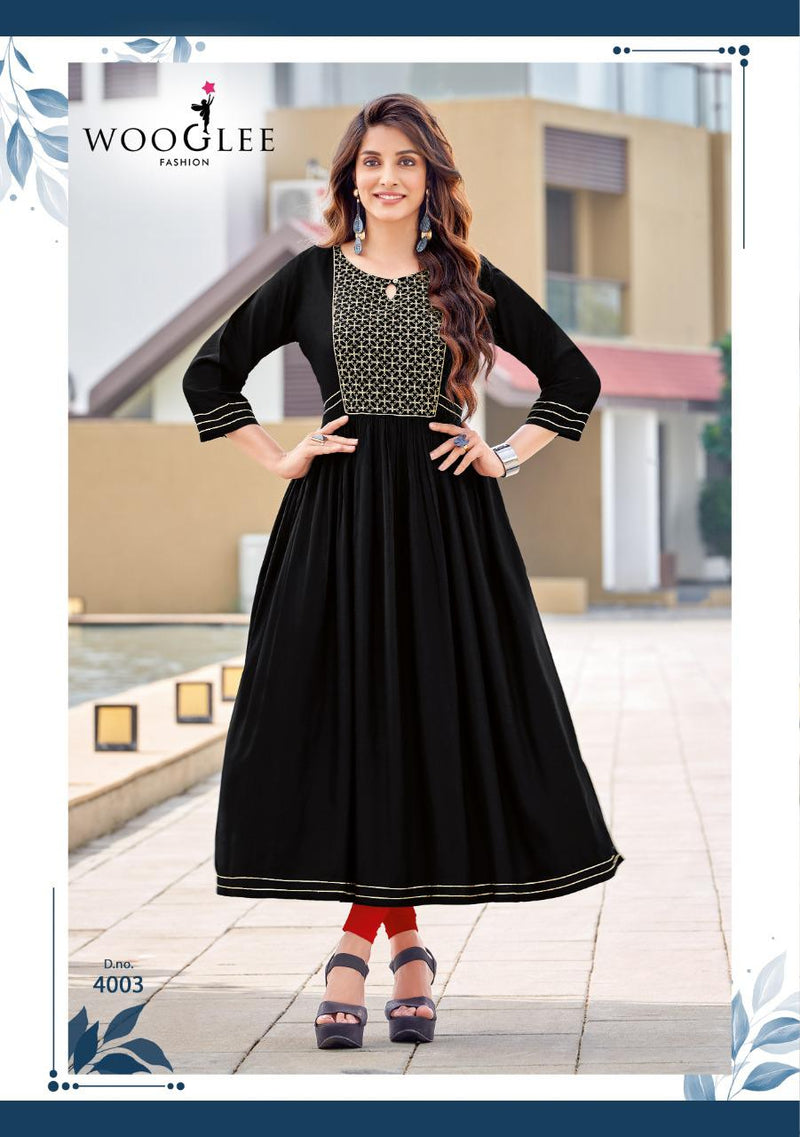 Wooglee Saanvi Rayon With Beautiful Fancy Work Stylish Designer Festive Wear Fancy Long Kurti