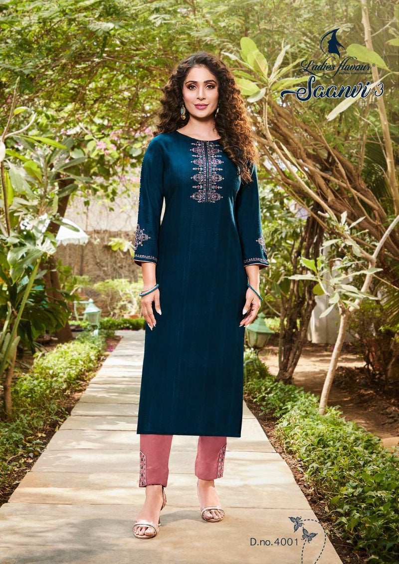 Ladies Flavour Saanvi Vol 3 Rayon Fancy Party Wear Embroidered  Kurtis With Bottom