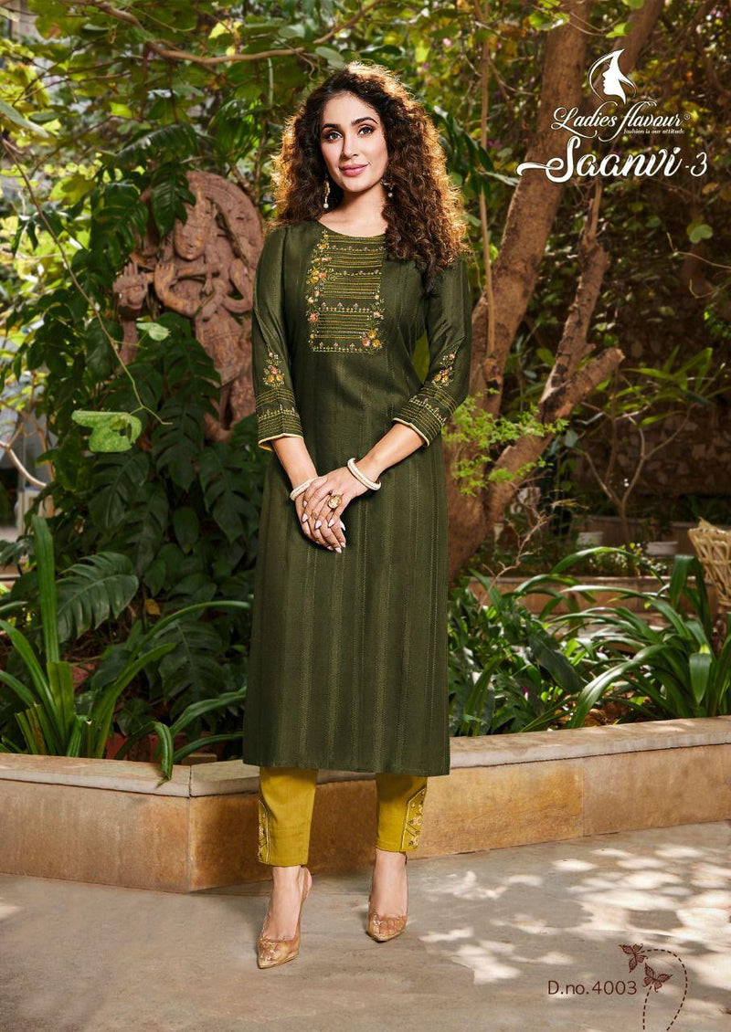 Ladies Flavour Saanvi Vol 3 Rayon Fancy Party Wear Embroidered  Kurtis With Bottom