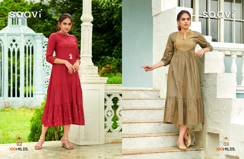 100 Miles Saavi Cotton Dobby Long Fancy Flair Gathers Style Kurtis