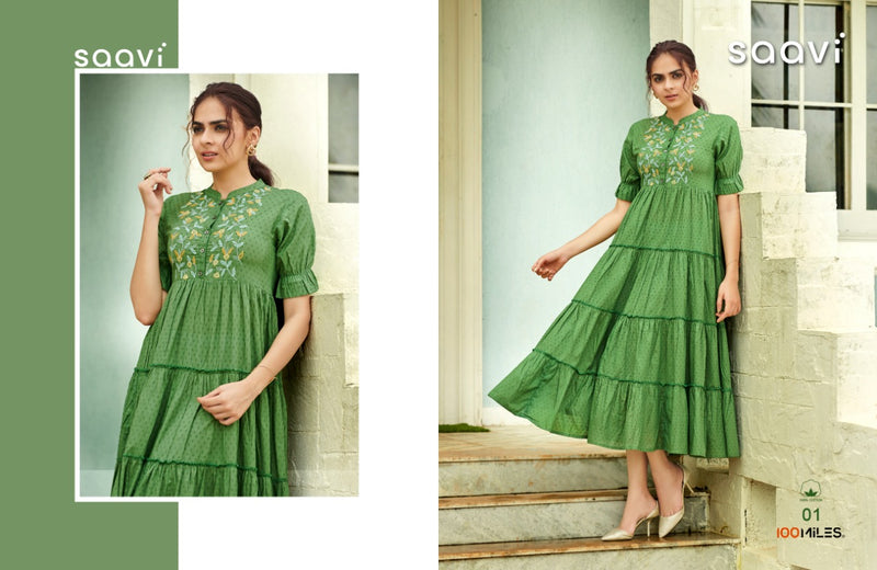 100 Miles Saavi Cotton Dobby Long Fancy Flair Gathers Style Kurtis
