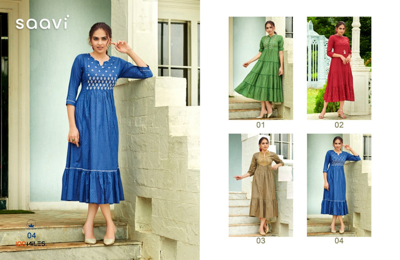 100 Miles Saavi Cotton Dobby Long Fancy Flair Gathers Style Kurtis