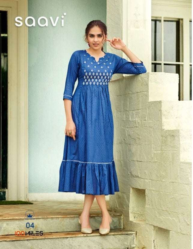 100 Miles Saavi Cotton Dobby Long Fancy Flair Gathers Style Kurtis