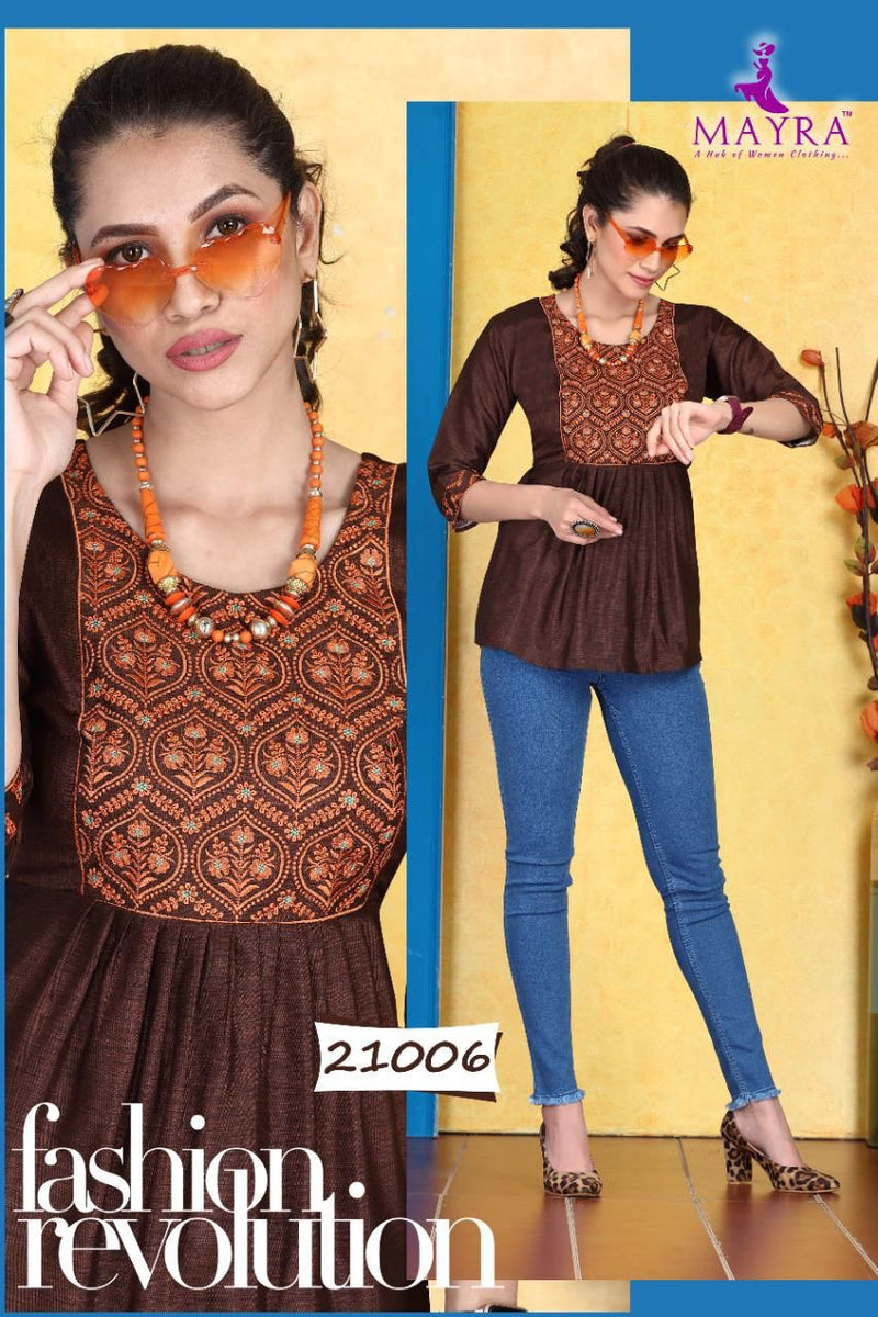 Mayra Sakshi Liquid Slub Embroidered Short Fancy Kurtis