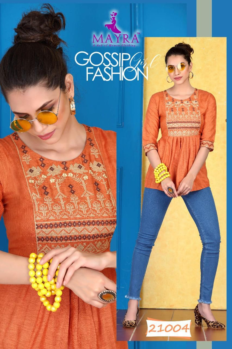 Mayra Sakshi Liquid Slub Embroidered Short Fancy Kurtis