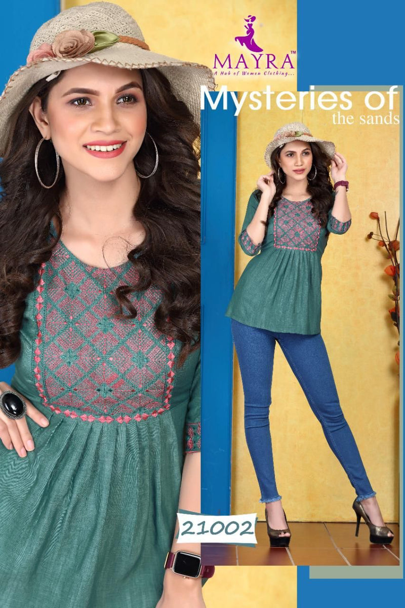 Mayra Sakshi Liquid Slub Embroidered Short Fancy Kurtis