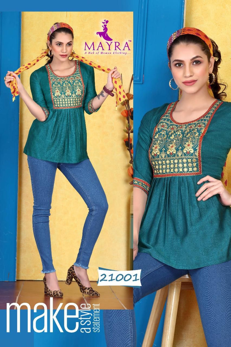 Mayra Sakshi Liquid Slub Embroidered Short Fancy Kurtis